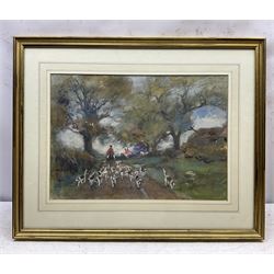 Rowland Henry Hill (Staithes Group 1873-1952): North Yorkshire Foxhounds on a Country Lane, watercolour signed and dated 1908 
Provenance: private collection, purchased David Duggleby Ltd 16th September 2013 Lot 43; exh. Phillips & Sons, Cookham, November 1980