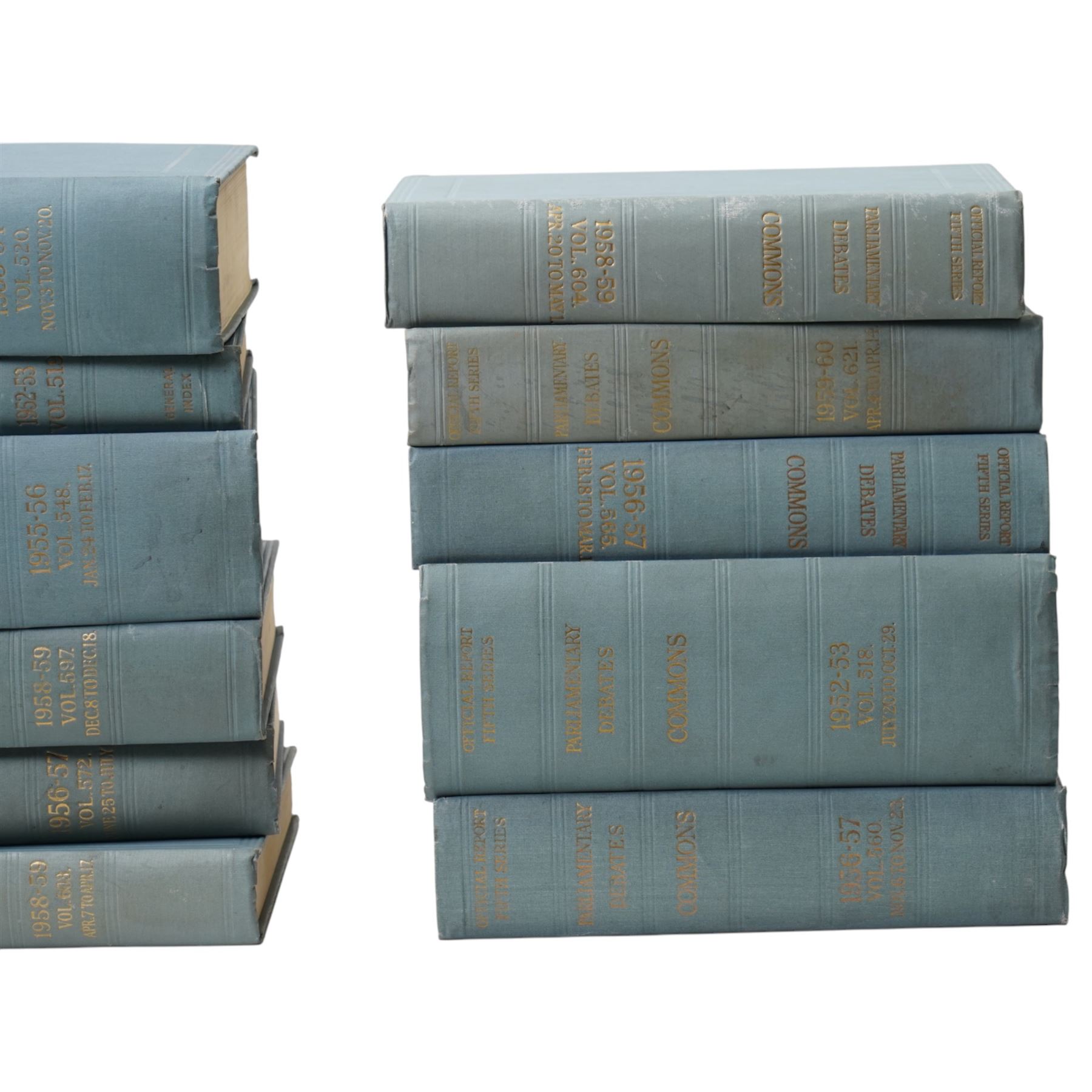 Hansard - House of Commons Parliamentary Debates covering the period 1952-1960, thirty nine volumes in original blue boards 
Provenance: property of a Nobleman