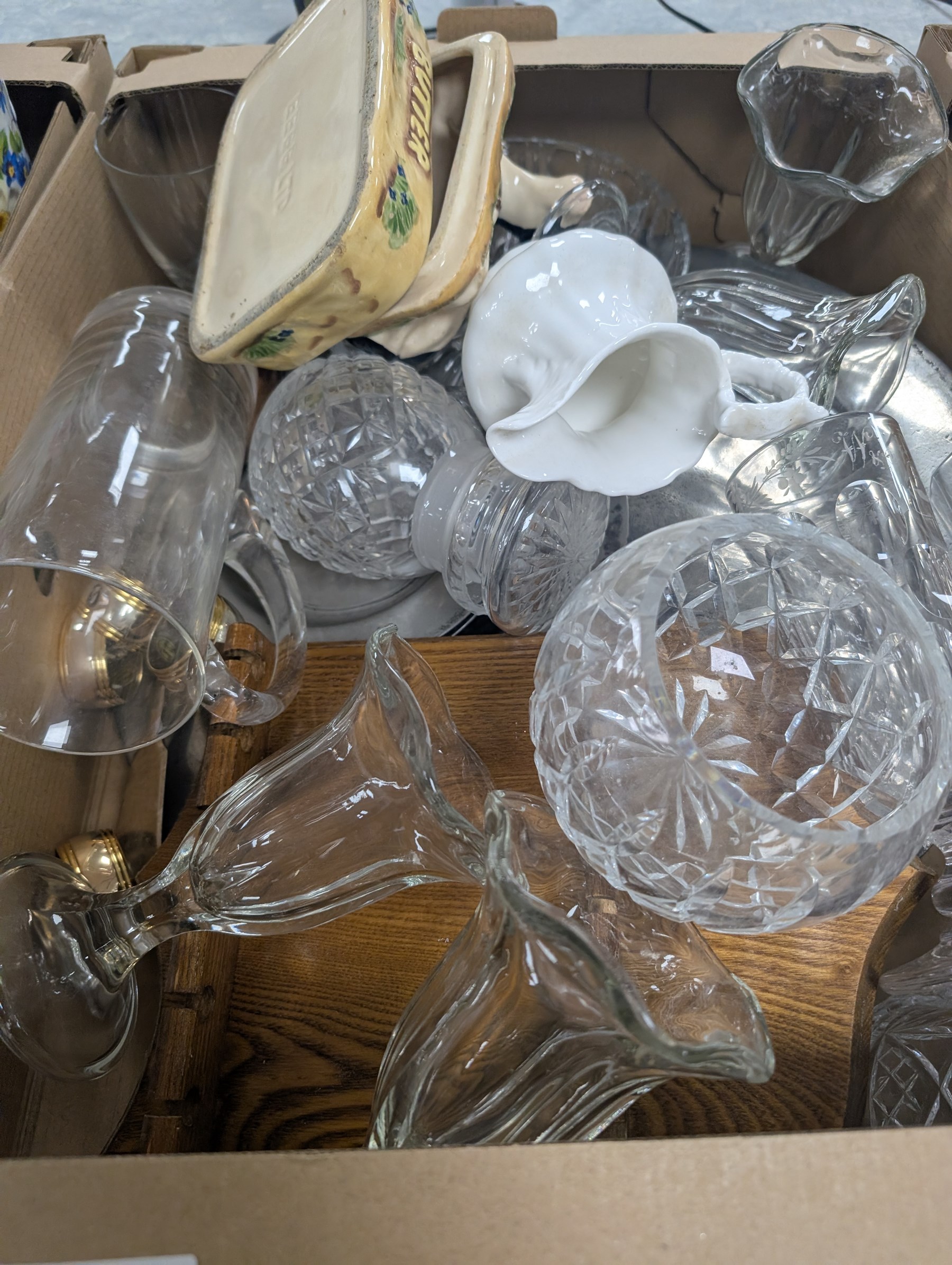 Copeland Spode Italian pattern footed bowl, Masons Chartreuse pattern ceramics, cut glass, Royal Worcester Evesham etc, in four boxes