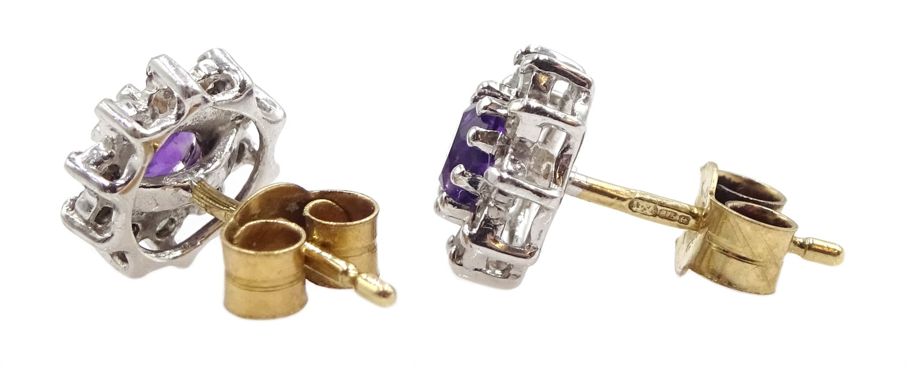 Pair of 9ct gold amethyst and diamond cluster stud earrings