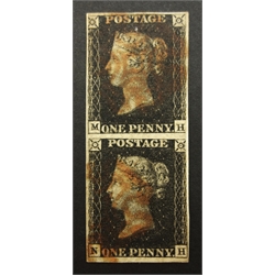  Great Britain Queen Victoria penny black stamp vertical pair, both with red MX cancel, with backing paper added, giving the impression of full margins, only one full margin at the bottom.  