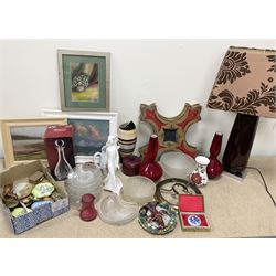 Royal Doulton 'Wistful' figure, burgundy table lamp with fabric shade, oriental ceramics, glassware etc