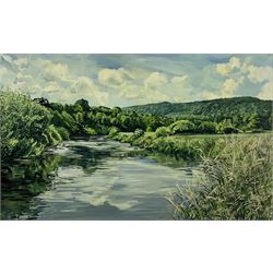 Frances St. Clair Miller (British 1947-): 'River Landscape I', oil on canvas signed 75cm x 120cm
Notes: Frances studied at the Slade School of Art 1965-1969 to gain the Slade Diploma continuing her training to become a Master Printer. Now working in Herefordshire as an artist and printmaker she has exhibited around the world including the Royal Academy
