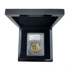 Queen Elizabeth II 2016 one ounce fine gold one hundred pounds Britannia coin, encapsulated and graded by PCGS 'MS69'