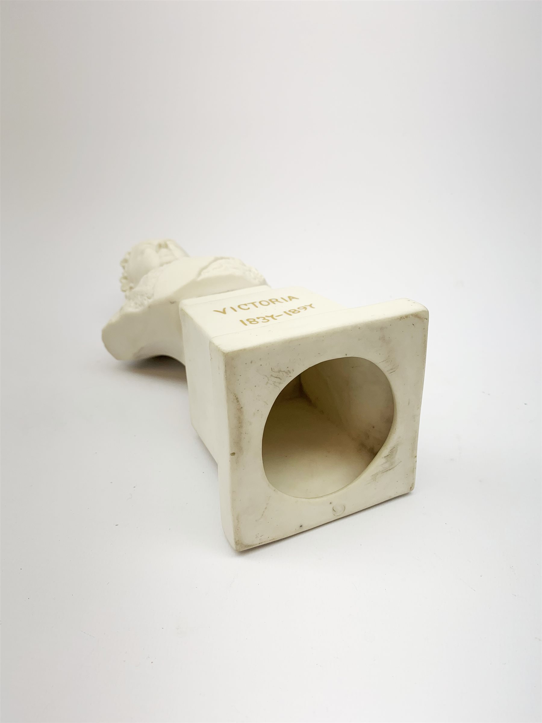 A Robinson and Leadbeater Parian Ware bust, modelled as Queen Victoria, raised upon plinth base detailed in gilt Victoria 1837-1897, and impressed verso Victoria, To Commemorate the 60 year of her reign 1887-1897, with impressed makers mark, H30cm. 