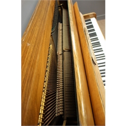  Mid 20th century Leswein walnut cased upright piano, iron framed and overstrung, W135cm, H113cm, D55cm  