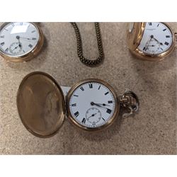Four early 20th century gold-plated keyless pocket watches, three by Harris Stone Leeds, Waltham and Elgin and two gold-plated watch chains
