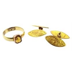  Pair of 9ct gold marquise shaped cufflinks, with engraved decoration hallmarked and 18ct gold  (tested) citrine ring   