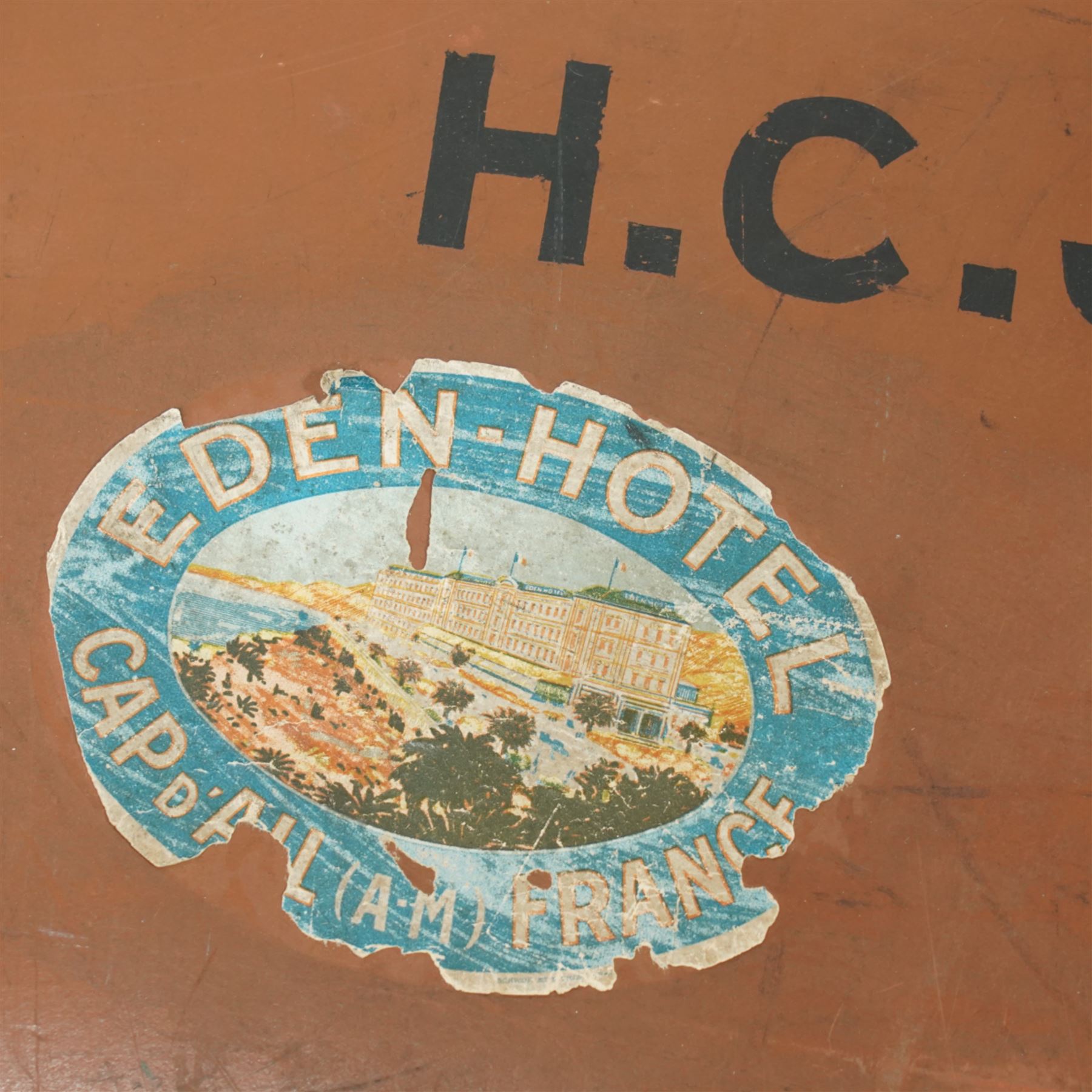 Two late 19th/early 20th century leather travelling 'Ideal' trunks, each stamped and engraved to brass locks F. Best & Co, various travel labels to include the Grand Hotel Naples, Grand Hotel Bellevue, Excelsior Palace Palermo, Waterloo etc, larger suitcase W93cm H32cm D58cm