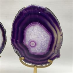 Pair of purple agate slices, polished with rough edges, raised upon gilt metal stands