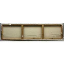 English School (21st century): 'Morning in the Metropolis', mixed media on canvas indistinctly signed 40cm x 152cm