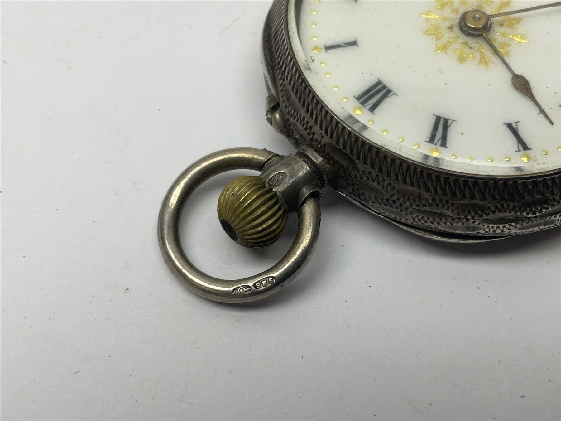 9ct gold pear butterfly brooch, 9ct gold stone set ring and an silver fob watch, all stamped or hallmarked 