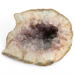Two amethyst geode clusters, with white and purple crystalline formations, purple formation W18cm (2)