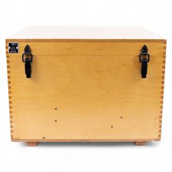 Pair of mid 20th century Russian Helios PNB-2 military observation binoculars, no. 40149, each 'Big Eye' lens 13cm in diameter, with 80 degrees vertical elevation, 360 degrees rotation, spirit level to centre of body, contained in wooden stow case with service manual, canvas cover, two lens caps, a small latched metal tin containing lenses and accessories and on adjustable wooden tripod painted green with pointed feet,  with a small latched metal tin containing eight lenses and accessories