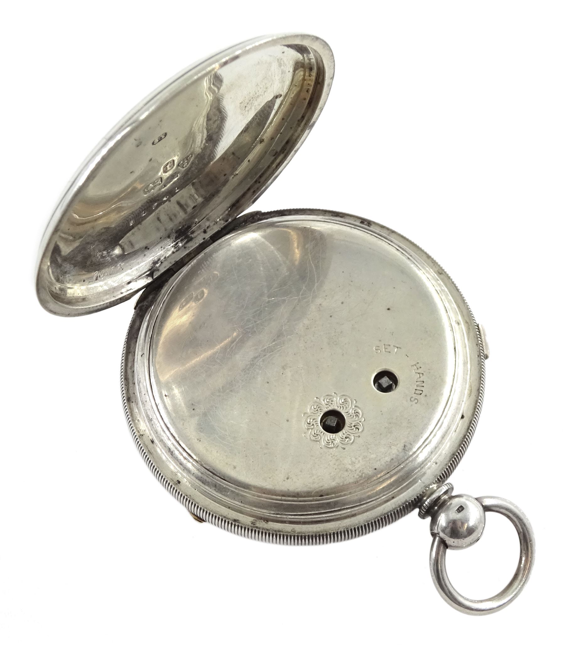 Victorian silver centre seconds key wound chronograph pocket watch No. 31741, white enamel dial with Roman numerals, outer seconds track numbered 25-300, case by Samuel Yeomans, Chester 1882