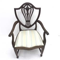 Hepplewhite style mahogany armchair, upholstered serpentine seat, square tapering supports on spade feet, W65cm