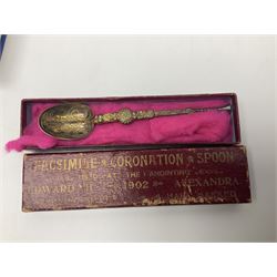 Edwardian silver facsimile coronation spoon, hallmarked Gourdel Vales & Co, Birmingham 1901, EPNS serving spoons, coins and a collection of vintage and later costume jewellery