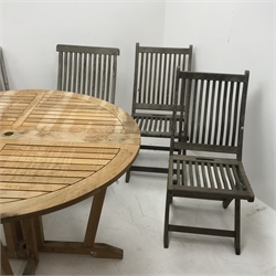 *Circular teak drop leaf garden table with gate leg base (D122cm, H76cm), and ten teak folding garden chairs 