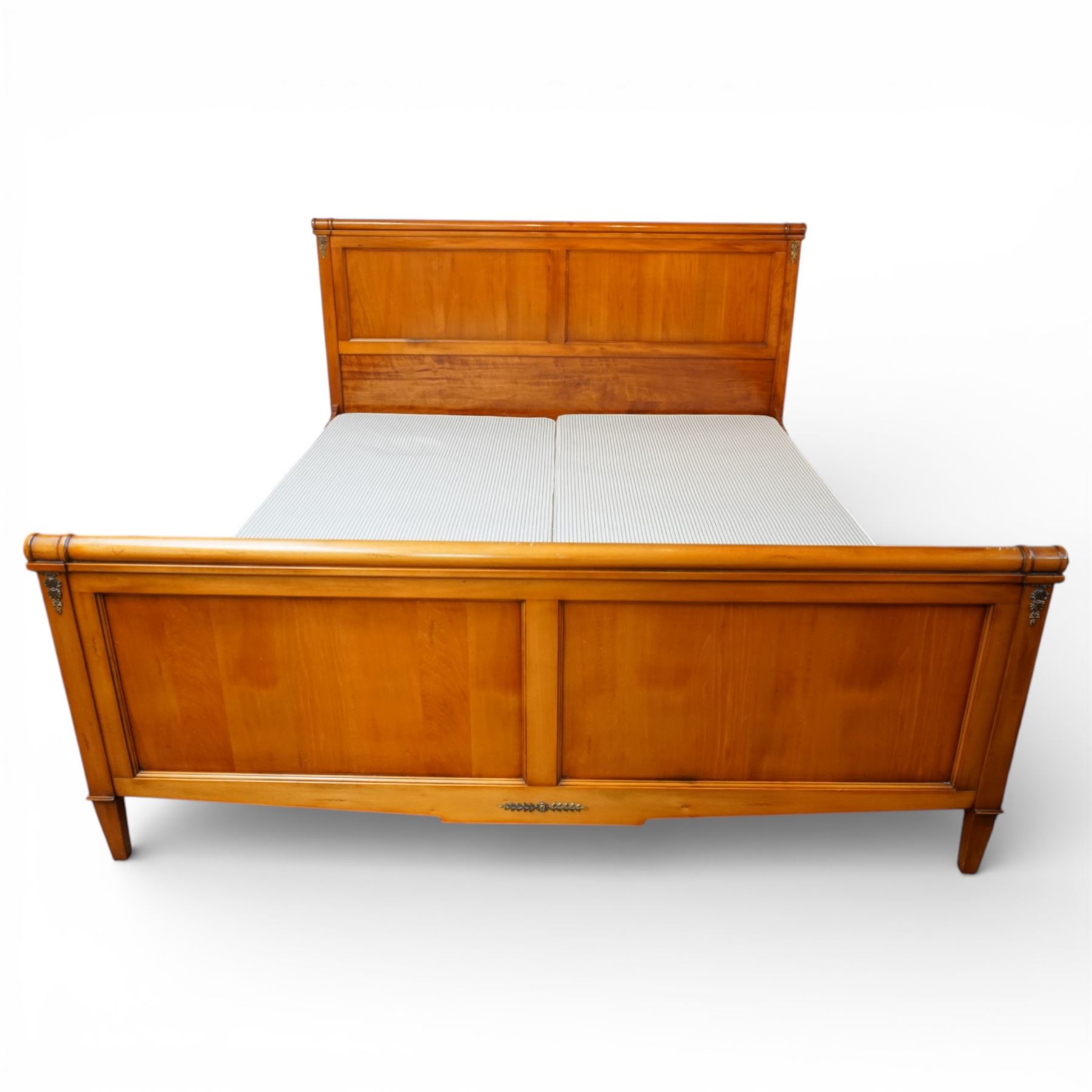 And So To Bed - 6ft super king cherry wood sleigh bed, with turned rails above a panelled head and footboard, with applied brass flowers and foliate mounts, raised on square tapering supports