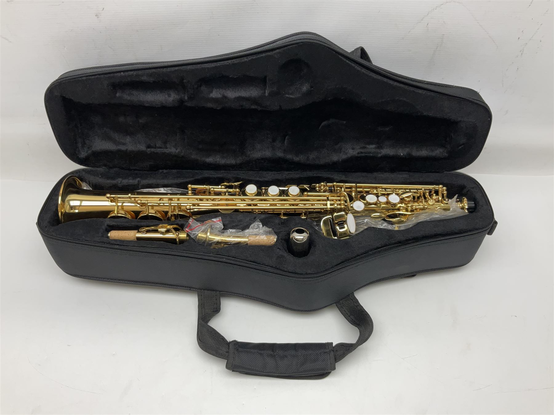 Trevor James The Horn Classic II brass straight soprano saxophone, serial no.T1255; in lightweight carrying case with accessories