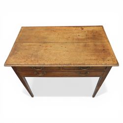 George III oak side table, with rectangular banded top, fitted with two short over three drawers, with brass swan neck handles, raised on square tapering supports
