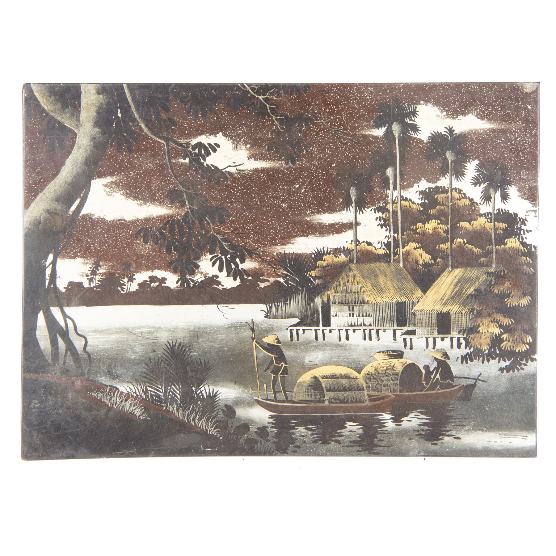 Two French Indochinese period paintings on wood, depicting riverscapes, together with French Indochinese poster, circa 1947-58, paintings H30cm, L40cm