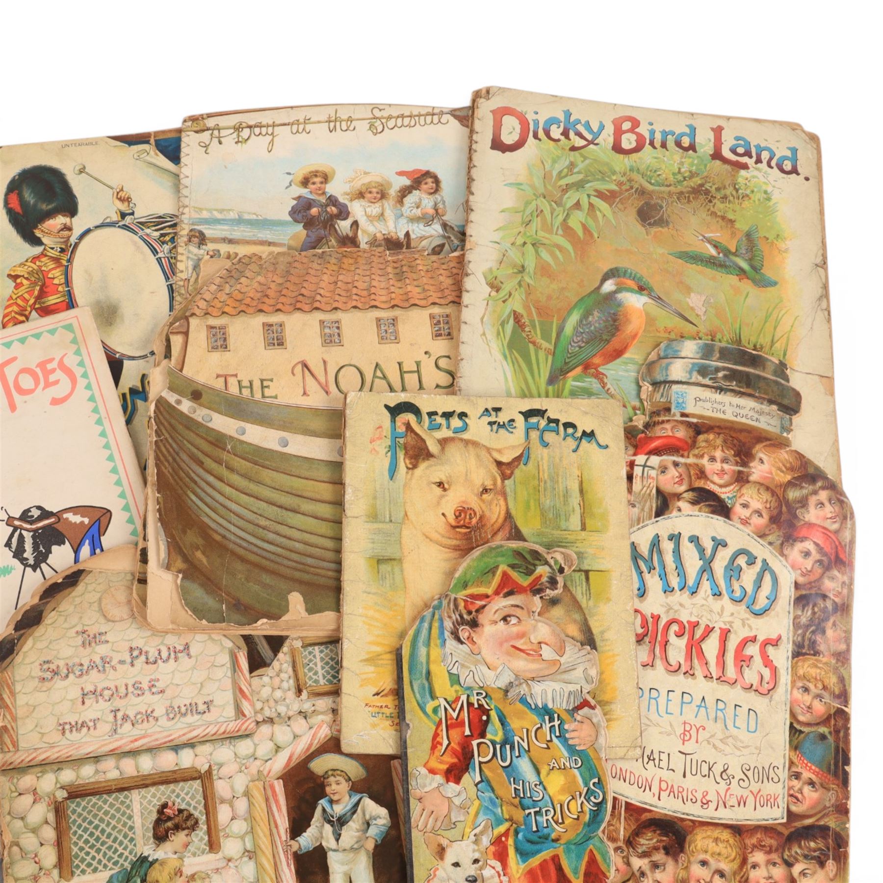Fifteen late 19th/early 20th century children's picture books, comprising eleven published by Raphael Tuck & Sons, titles including Pleasant Hours Painting book, Boo-Boo the Barrage Balloon, The Timber Toes, At the Sound of the Drum, Coronation Procession Panorama, Horace and the BBC, Dolly's Dressmaker, Puppy Dogs ABC, Pets at the Farm, Mr Punch and His Tricks and Mixed Pickles Prepared, and four published by Ernest Nister, titles including Dicky Bird Land, The Sugar Plum House That Jack Built, The Noah's Ark and A Day at the Seaside