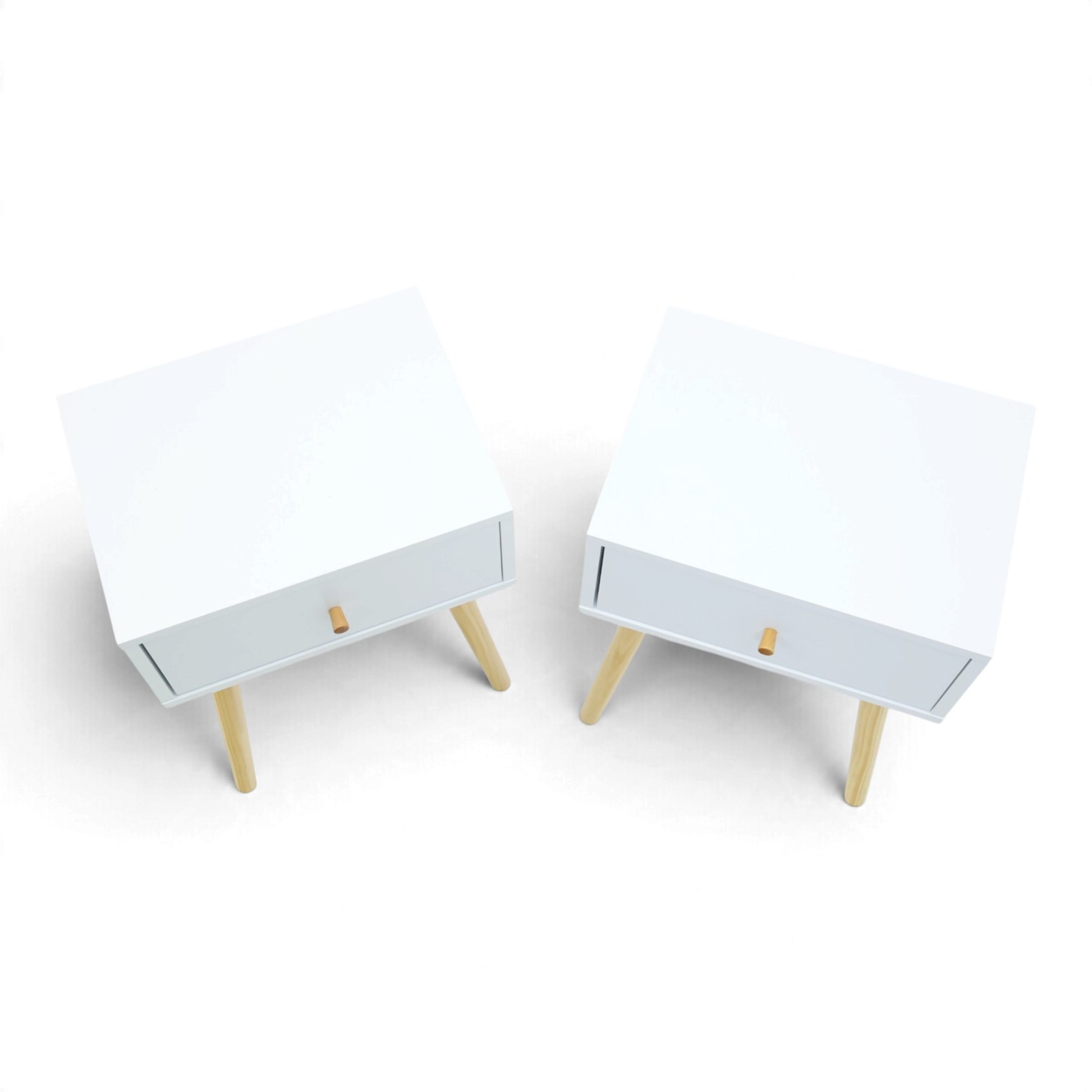 Contemporary pair of white single drawer bedsides, raised on tapering light wood supports