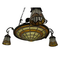 Art Nouveau style wrought metal ceiling light fitting, dome leaded glass central shade, three scroll branches decorated with roses, each with matching leaded glass shades