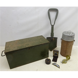  Ammunition metal box containing Eagle thermos, compass, clock, badge miliary spade etc  
