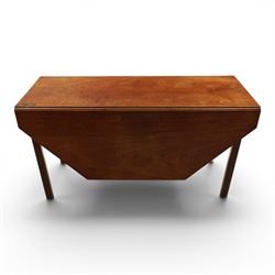Mahogany octagonal drop lead dining table, on square supports, extends to 149cm