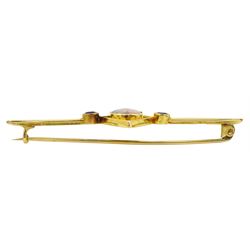 Early 20th century gold opal and sapphire bar brooch, the central milgrain set opal, with a round cut sapphire set either side, stamped 15ct