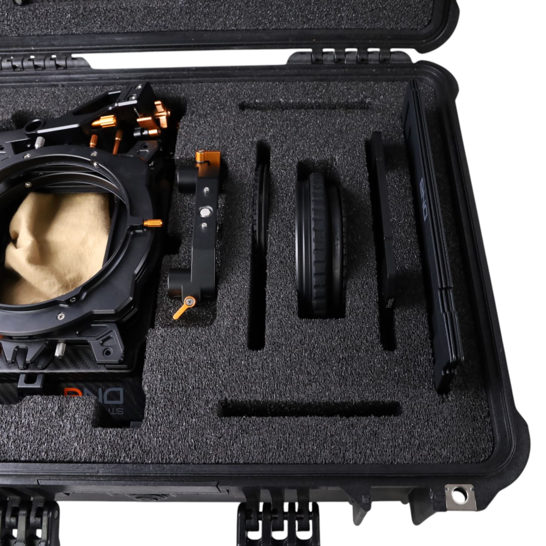 Bright Tangerine Strummer DNA Matte Box with three filter plates, 19mm studio rod holder and 15mm swing away arm, set of five masks, three donuts 138mm, 110mm, 87mm and three top and side flags, contained within a Peli 1550 case