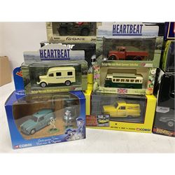 Twenty-six TV/Film related die-cast models by Corgi, Jada, Lledo etc including Kojak, Heartbeat, Casualty, Londons Burninng, Darling Buds of May, Harry Potter, Back To The Future, Top Gear, Bullitt etc; all boxed (26)