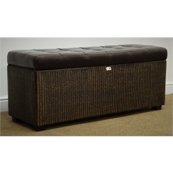 Modern wicker and studded faux leather ottoman, W121cm, H50cm, D41cm  