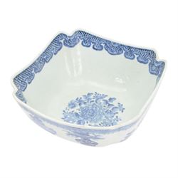 Late 18th/early 19th century Chinese export blue and white porcelain tureen and cover, of oblong form with short foot and twin animal mask handles, decorated to the sides and cover with a riverside landscape set with pagodas, boats, fence and figures, the cover with curved knop handle decorated with Fitzhugh type border, H22m including handles W35cm, together with a late 18th/early 19th century Chinese export blue and white porcelain bowl, of square form, the interior decorated with a peony spray and thick cell border to the rim, the sides with precious objects beneath a spear head border, H12.5cm W24cm