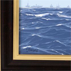 George Drury (British 1950-): 'Shamrock V and Enterprise - Americas Cup 1930', oil on canvas board signed, titled verso 38cm x 48cm