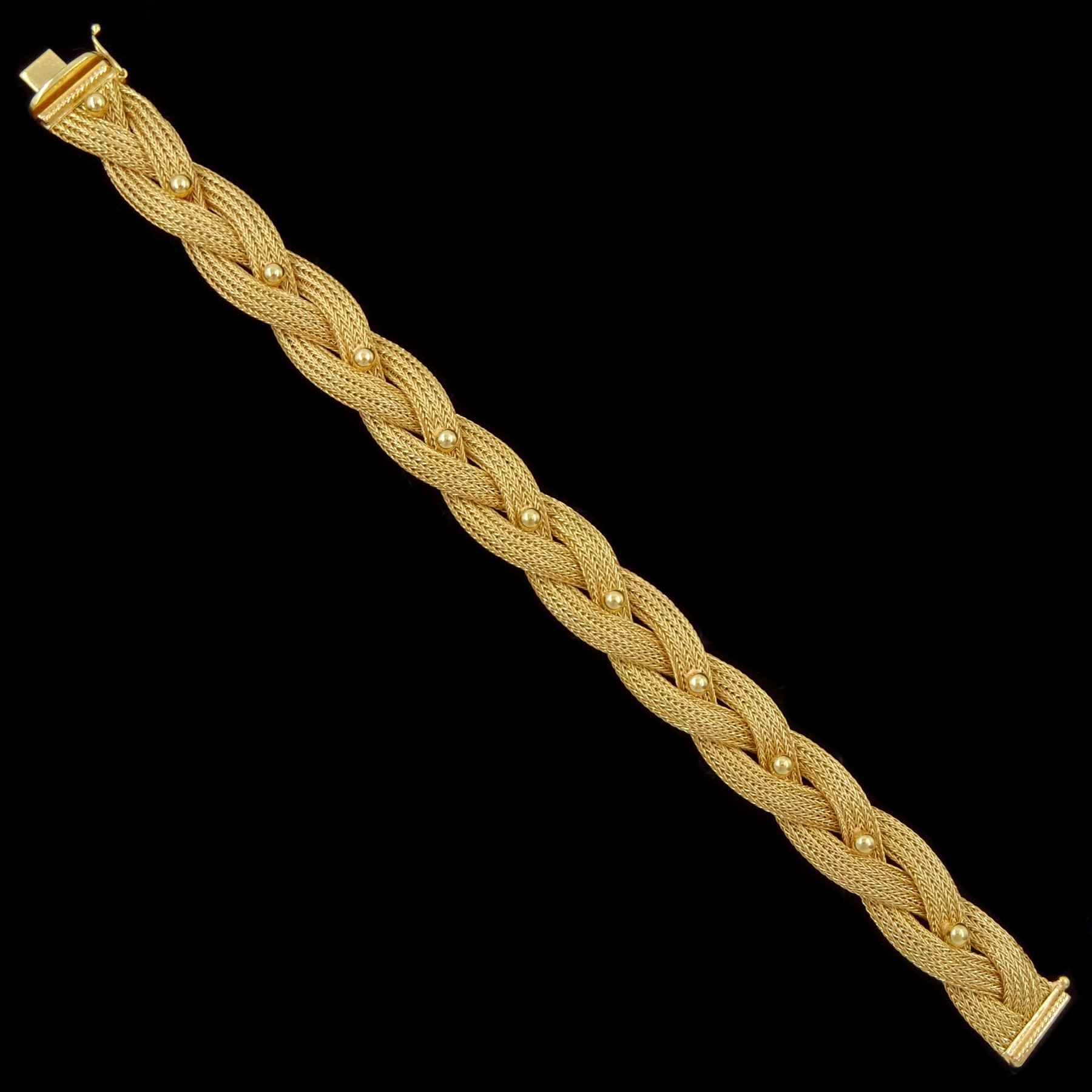 18ct gold plaited mess and bead design bracelet, stamped 750
