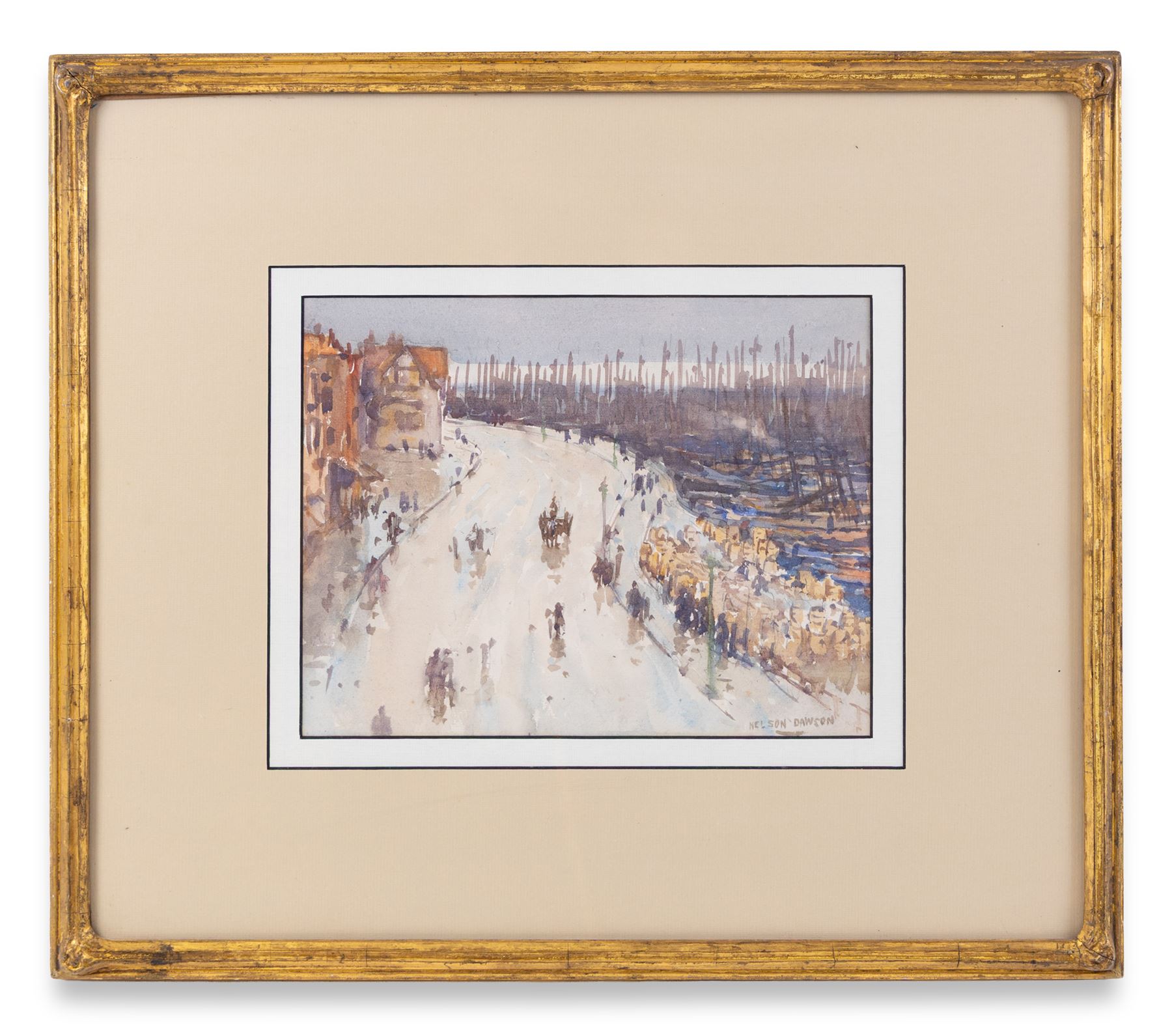 Nelson Ethelred Dawson (British 1859-1941): Sandside Scarborough and the Golden Ball with the Herring Fleet in the Harbour, watercolour signed 21cm x 27cm