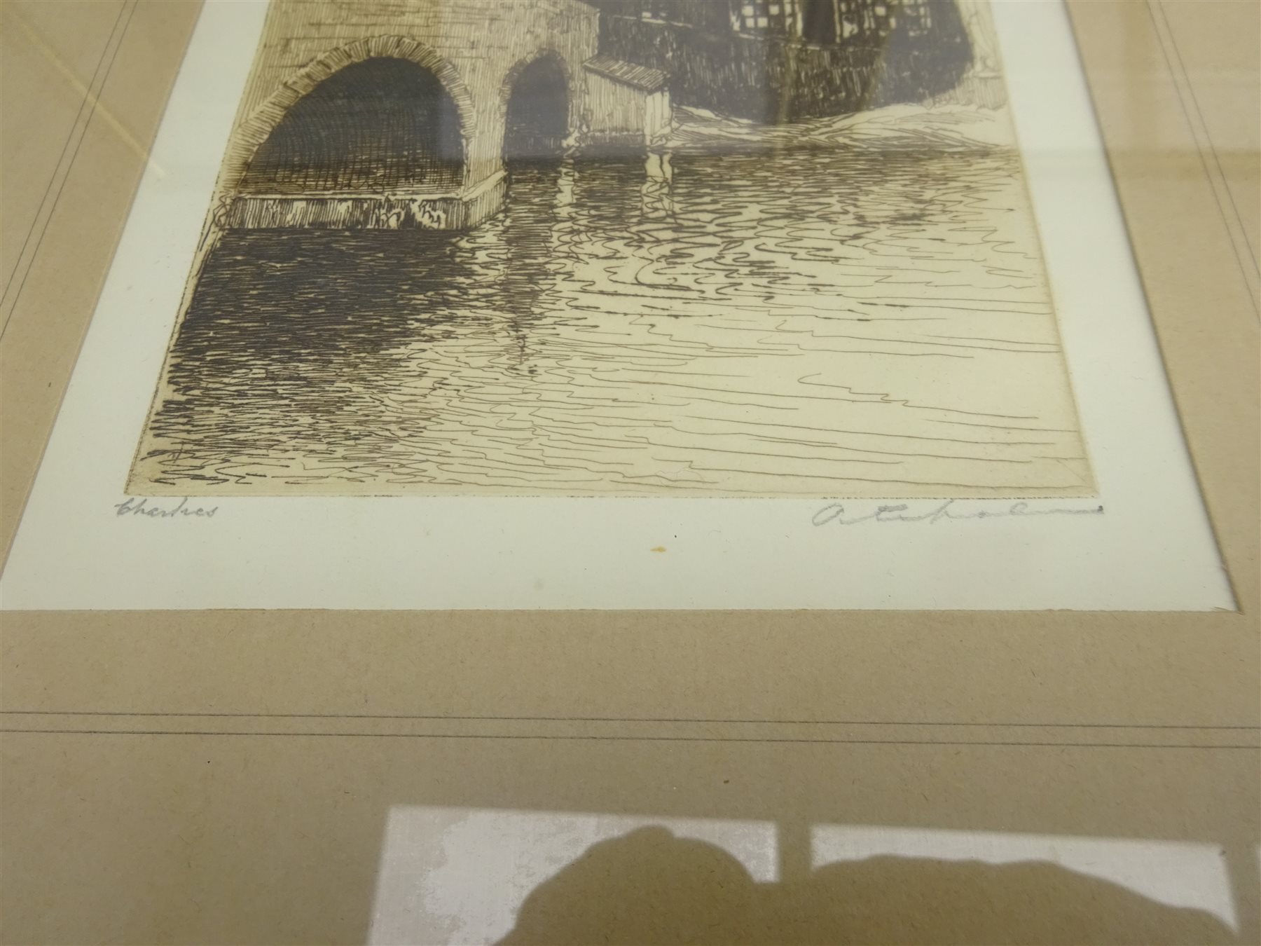 DJ Bevan (British 20th century): Moorland Scenes, three watercolours, two signed and one dated 16/12/41, Boats in the Harbour, early 20th century watercolour signed H Callen, and two etchings indistinctly signed and titled, max 34cm x 24cm (6)