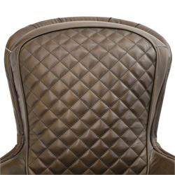 Timothy Oulton - saddle chair and stool upholstered in chocolate brown leather, with reclined back with diamond quilted cushions, stirrups upholstered to the sides  