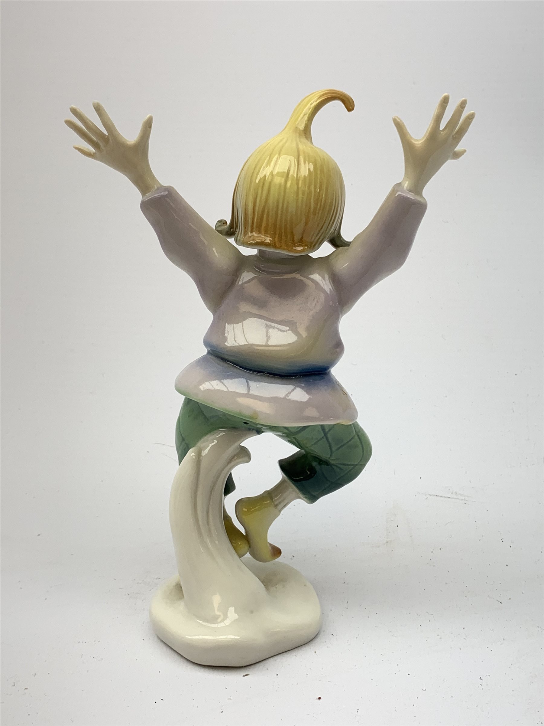 Three 20th century Karl Ens figurines, the first modelled as Uncle Fritz, the second modelled as Bock the Tailor, the third modelled as a sprightly female figure, each with printed blue mark to base, largest H20cm. 