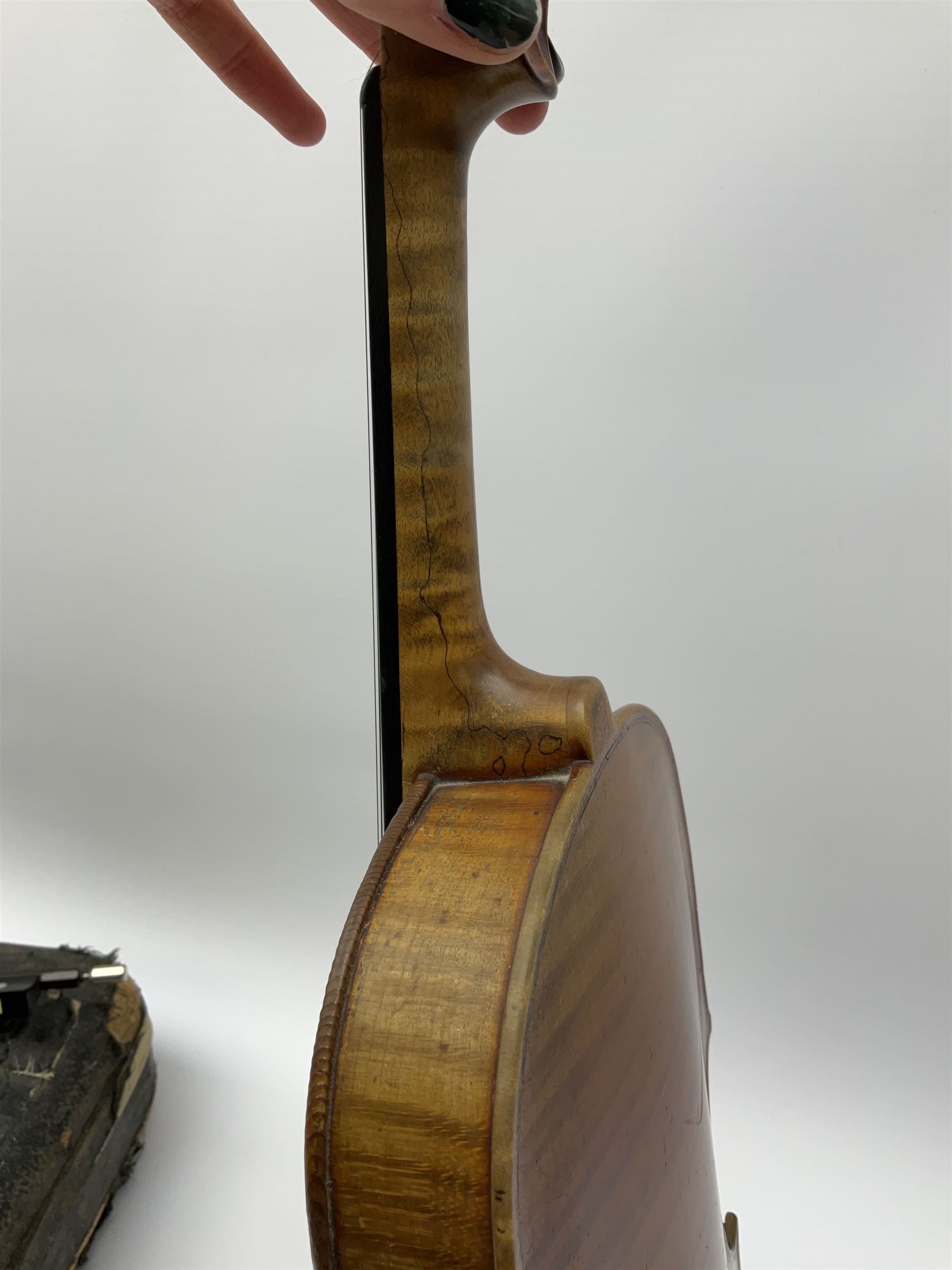 French Mirecourt violin c1920s with 36cm one-piece maple back and ribs and spruce top, labelled Jermone Thibouville-Lamy, L59cm, in fitted carrying case with German bow and 1984 valuation certificate by Frome Valley Music