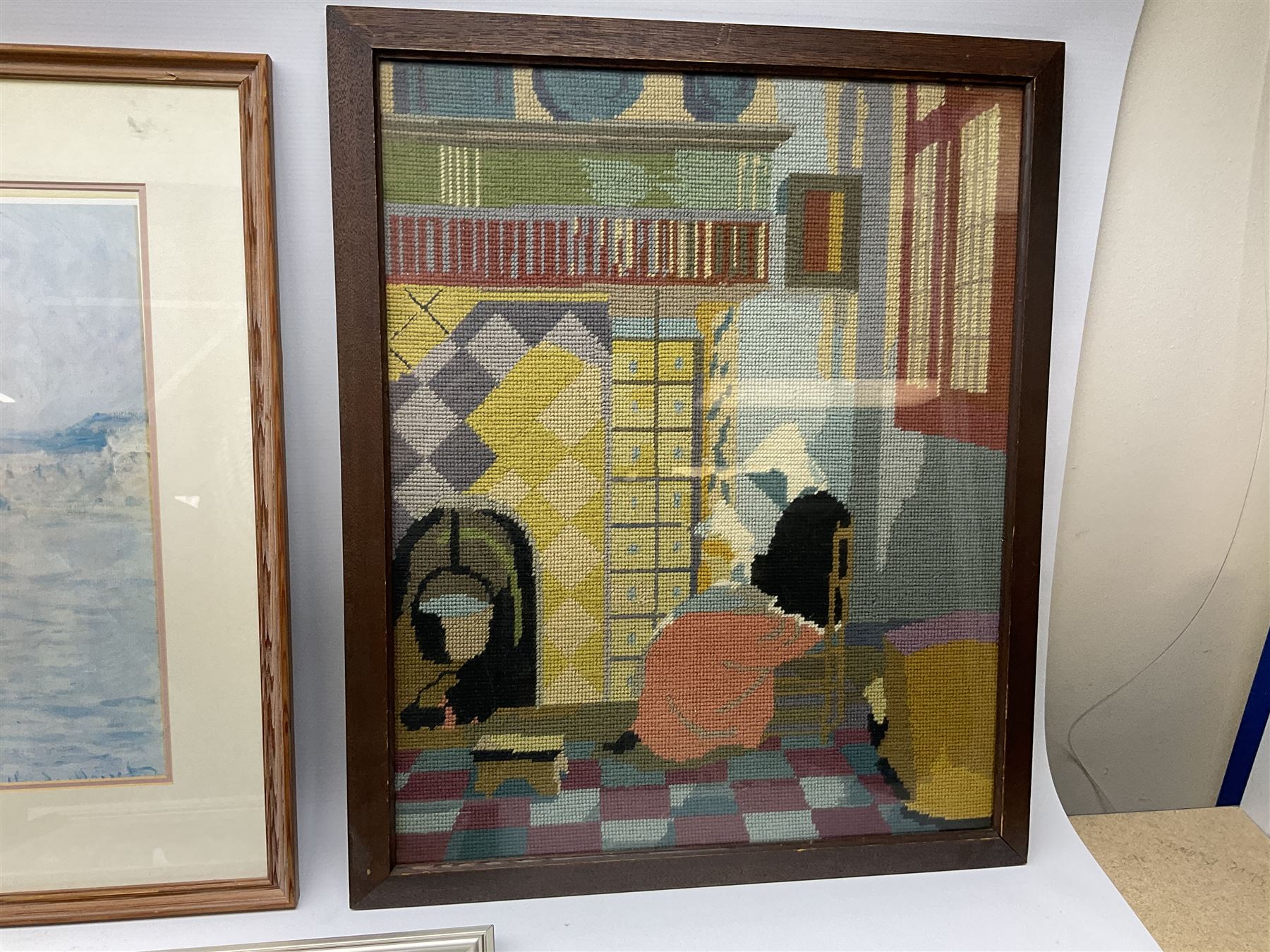 After Claude Monet (French 1840 - 1926): 'San Giorgio Maggiore', colour print; After Adolf Sehring (American 1930-): Summer Daydream, textured print; after John Trickett (British 1952-): Spaniel Puppy, colour print signed together with two needleworks (5)