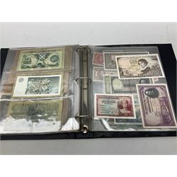 World banknotes, including Queen Elizabeth II The States of Jersey one pound 'DB202703', five pounds 'BB527762' and ten pounds 'AB651481', reserve bank of New Zealand two dollars '1L3 741894', King George V Straits Settlements one dollar 1st January 1935 'F/83 28924', various Bank of England notes etc, housed in two ring binder albums