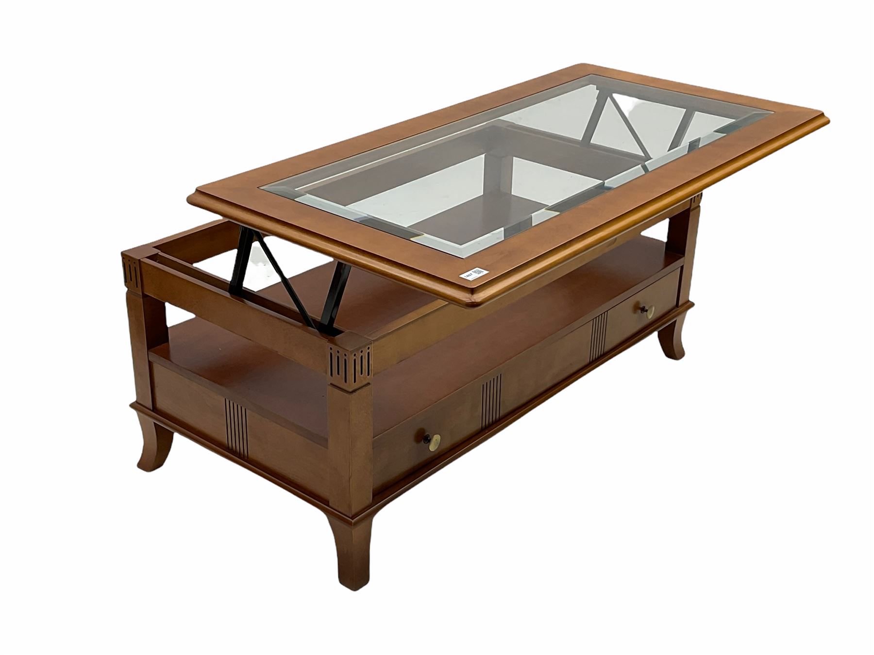 Cherry wood rectangular coffee table, rising glass top, follow through drawer