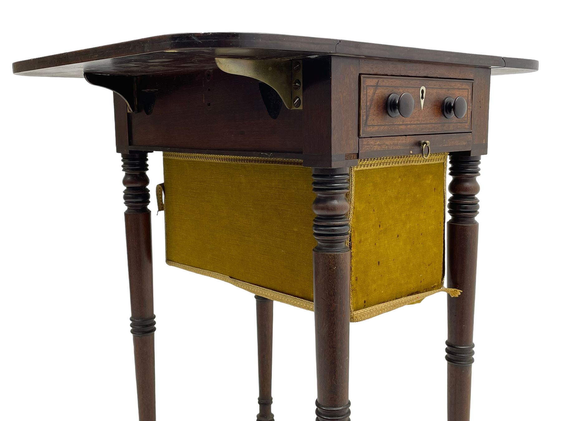 Narrow George III mahogany sewing or work Pembroke table, drop-leaf rectangular top with rounded corners inlaid with ebony stringing, fitted with single full-length cock-beaded drawer and opposing false drawer fascia, turned handles and ivory escutcheons, sliding upholstered storage bag beneath, on ring turned supports with brass cups and castors

This item has been registered for sale under Section 10 of the APHA Ivory Act
