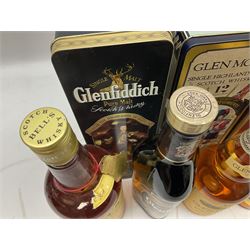 Glen Moray 12 Year Single Malt Highland Scotch Whisky, 70cl 40% vol, one bottle, in Highland Regiments The Black Watch presentation tin, Glenfiddich Pure Malt Scotch Whisky, Special Old Reserve, 70cl 40% vol, one bottle, in Clan Murray presentation tin, Bell's Extra Special Old Scotch Whisky, Aged 8 Years, 70cl 40% vol, one bottle, in box and Bell's Extra Special Old Scotch Whisky, 1l, 43% vol (4)