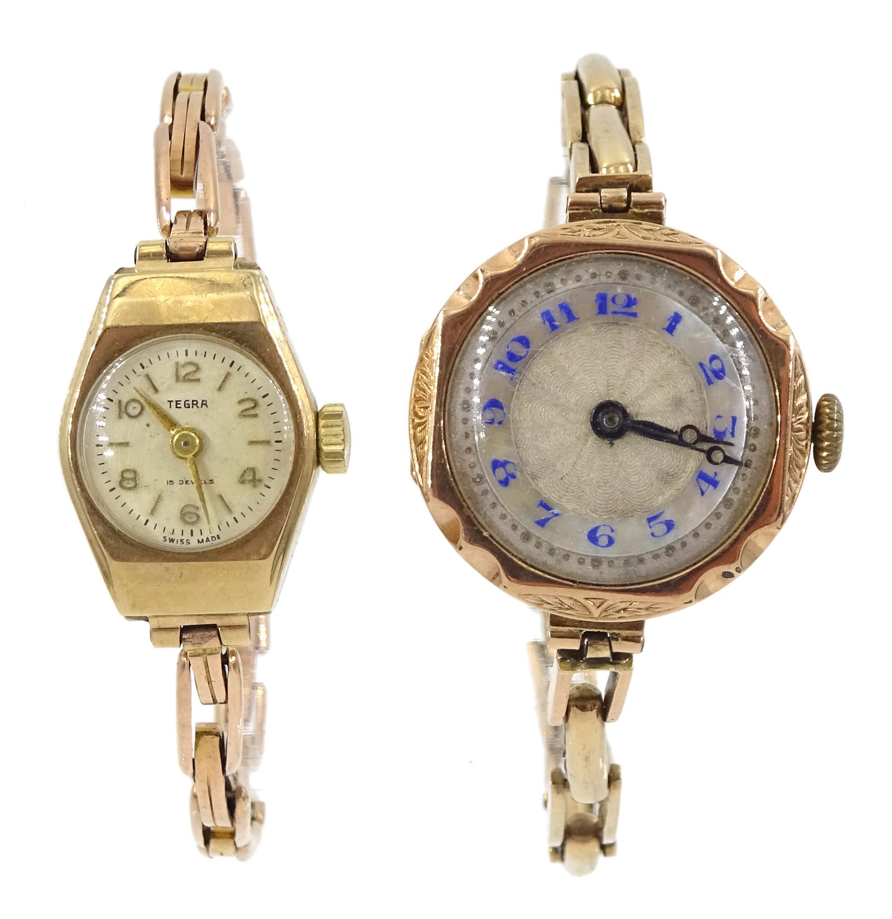 Early 20th century 9ct gold ladies wristwatch, London 1927 and a Tegra 9ct gold wristwatch, hallmarked, both on rose gold expanding link bracelets, stamped 9ct