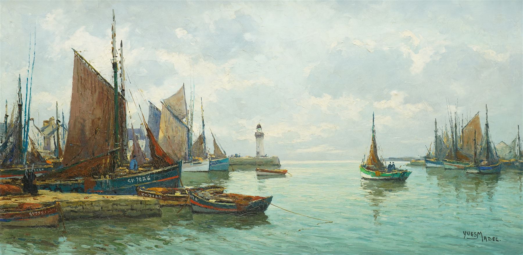 Yves Madec (Continental 20th century): Fishing Boats Moored in Harbour, oil on canvas signed 50cm x 99cm